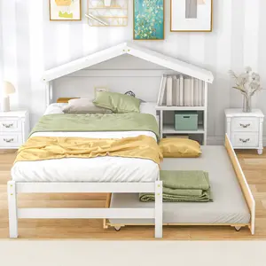 Twin Storage House Bed for kids with Bedside Table, Trundle,Roofed Bookcase Headboard, White