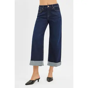 RISEN Mid Rise Fit Ankle Wide Roll Up Jeans