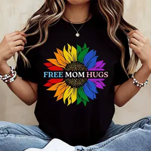 Rainbow Sunflower Free Hugs Print T Shirt  Casual Loose Fit Top For Everyday Wear And Outdoor Activities