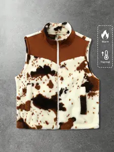 Unisex Fashionable Cow Print Lamb Fur Sleeveless Vest, Gilet, Western Streetwear, Warm Thermal Design, Block, Zipper Front, Casual Outerwear, Waistcoat