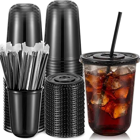 Disposable Black Plastic To-Go Cups Set with Lids & Straws, Upright Stand - 50/100-Piece, 500ml/16oz Round, Ready-to-Use for Cold Drinks, Parties, Camp Kitchen (Sports & Outdoor Camping & Hiking), Lids & Straws Set