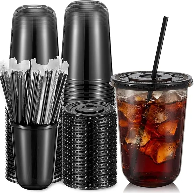 50/100 Set 500ml 16oz Black Clear Plastic Cups with Lids and Straws Disposable Iced Coffee Cups for Cold Drinks Slushie Smoothie Lemonade Party Coffee Shop Supplies Round Bottom To Go Cups for Coffee Lovers