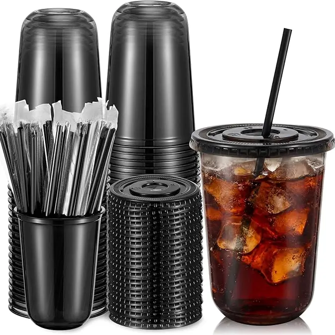 Disposable Black Plastic To-Go Cups Set with Lids & Straws, Upright Stand - 50/100-Piece, 500ml/16oz Round, Ready-to-Use for Cold Drinks, Parties, Camp Kitchen (Sports & Outdoor Camping & Hiking), Lids & Straws Set