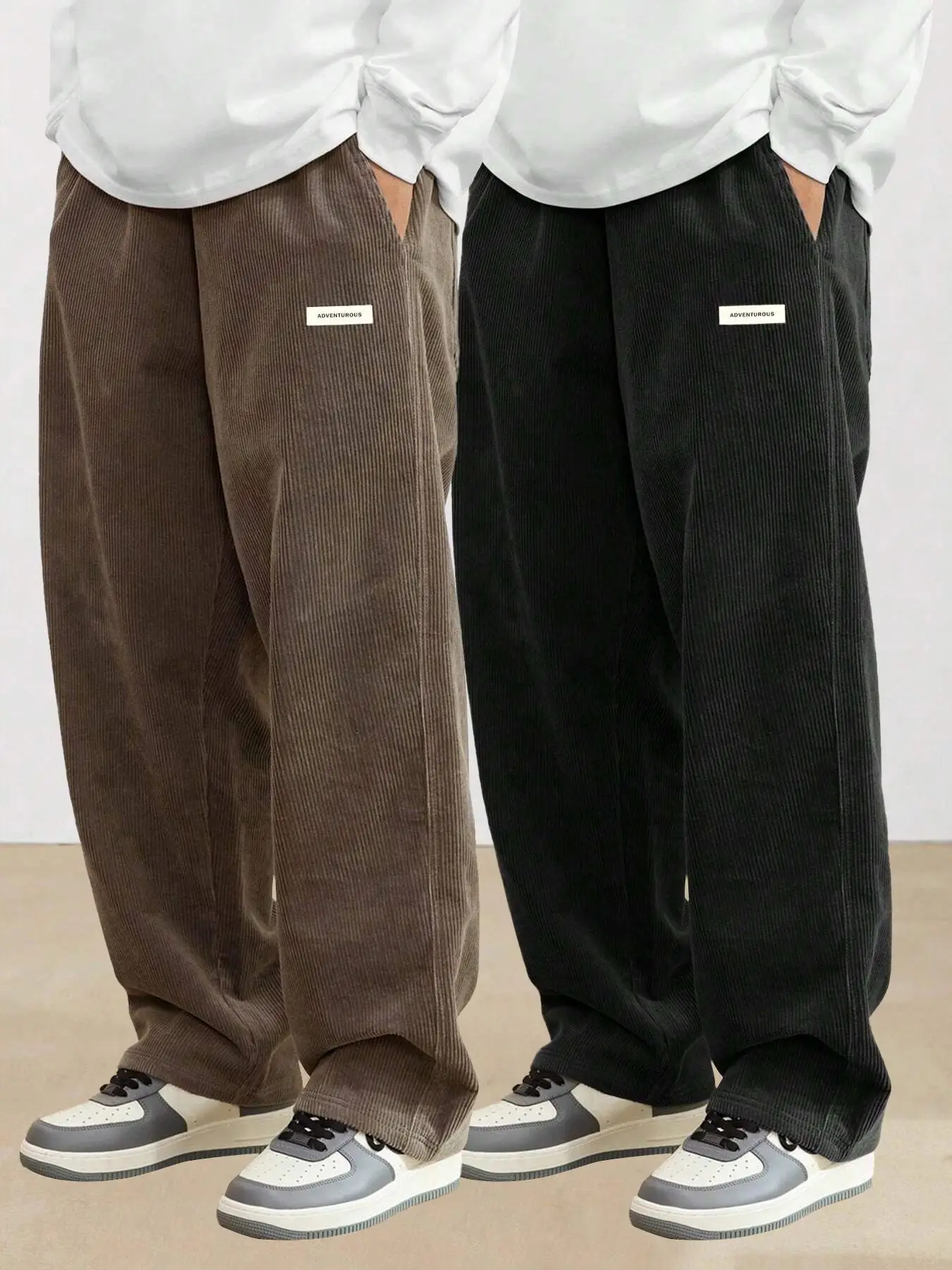 Men's Plain Letter Patched Pocket Straight Leg Corduroy Pants, Loose Casual Comfortable Trousers for Spring & Fall, Men's Bottoms for Daily Wear, Mens