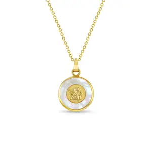 14k Gold Guardian Angel Medal Mother of Pearl Baby / Toddler / Kids Pendant/Necklace