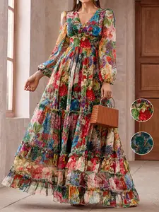 Women's Spring & Fall Chiffon Slim Fit Dress, Romantic Floral Maxi, Deep V Neck Colorful Print, Long Sleeve Casual Party Dress
