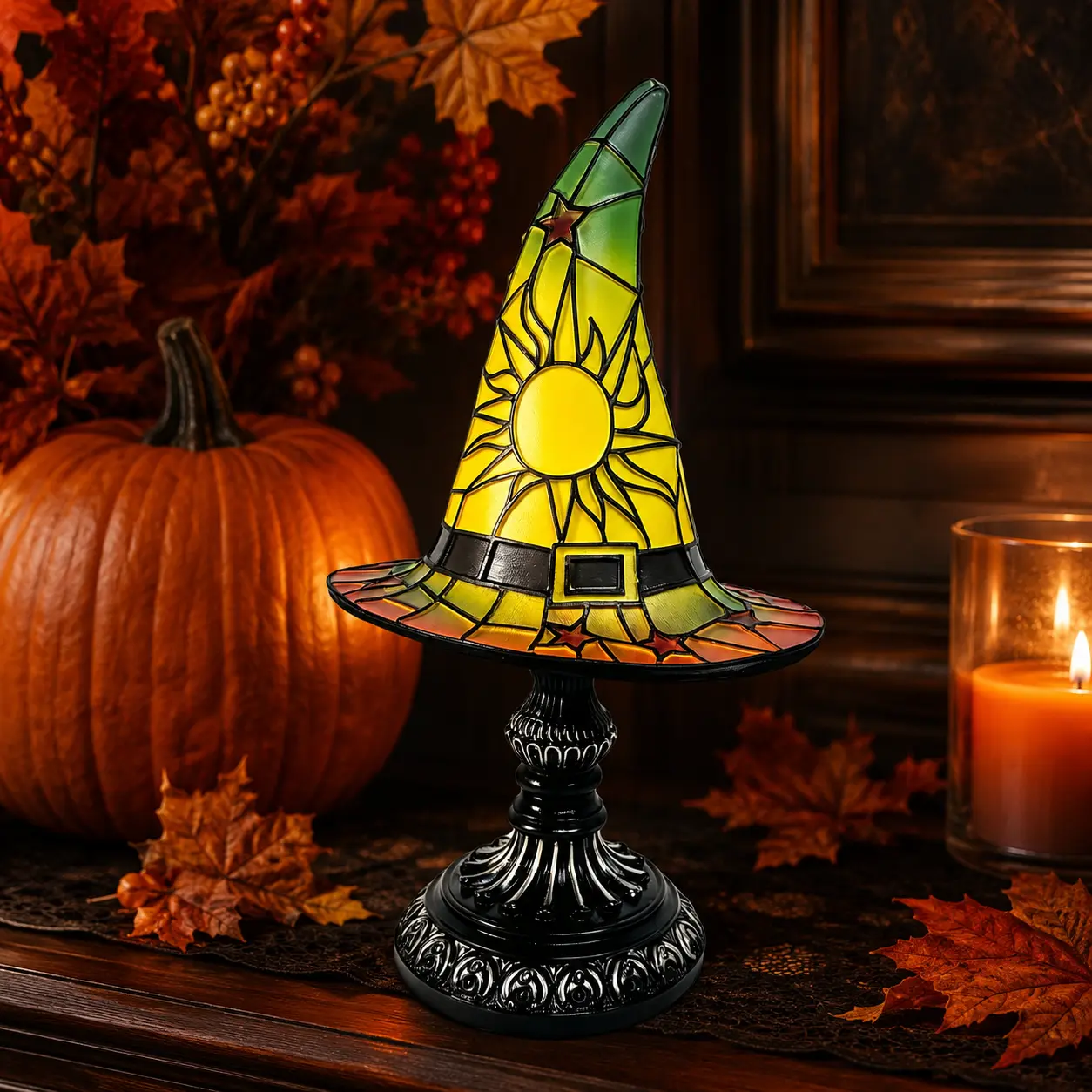 Spooky Colorful Resin-Crafted Retro USB-Powered Stained Glass Witch Hat Nightlight, Gothic Camping Accent Light for Bedroom & Bookshelf