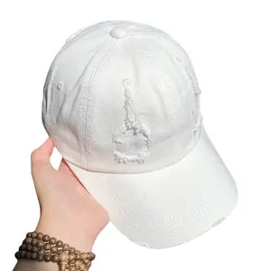 High-Quality Ripped Denim Baseball Cap / Export Style White Denim Cap