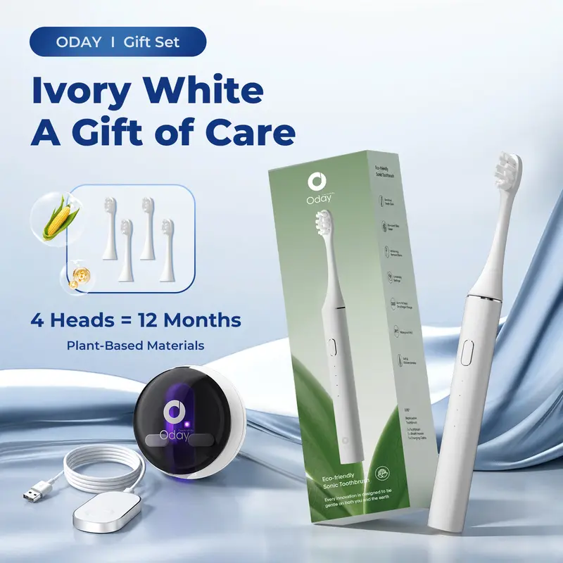 ODAY Adult Sonic Electric Toothbrush Gift Set - Rechargeable Waterproof Aluminum Toothbrush with UV-C Antibacterial Sanitizing Case Protector, 4 Hypoallergenic Soft Brush Heads, 800mAh Battery, 3-Min Timer, Wall-Mounted Daily Care Oral Tool, With Protecto