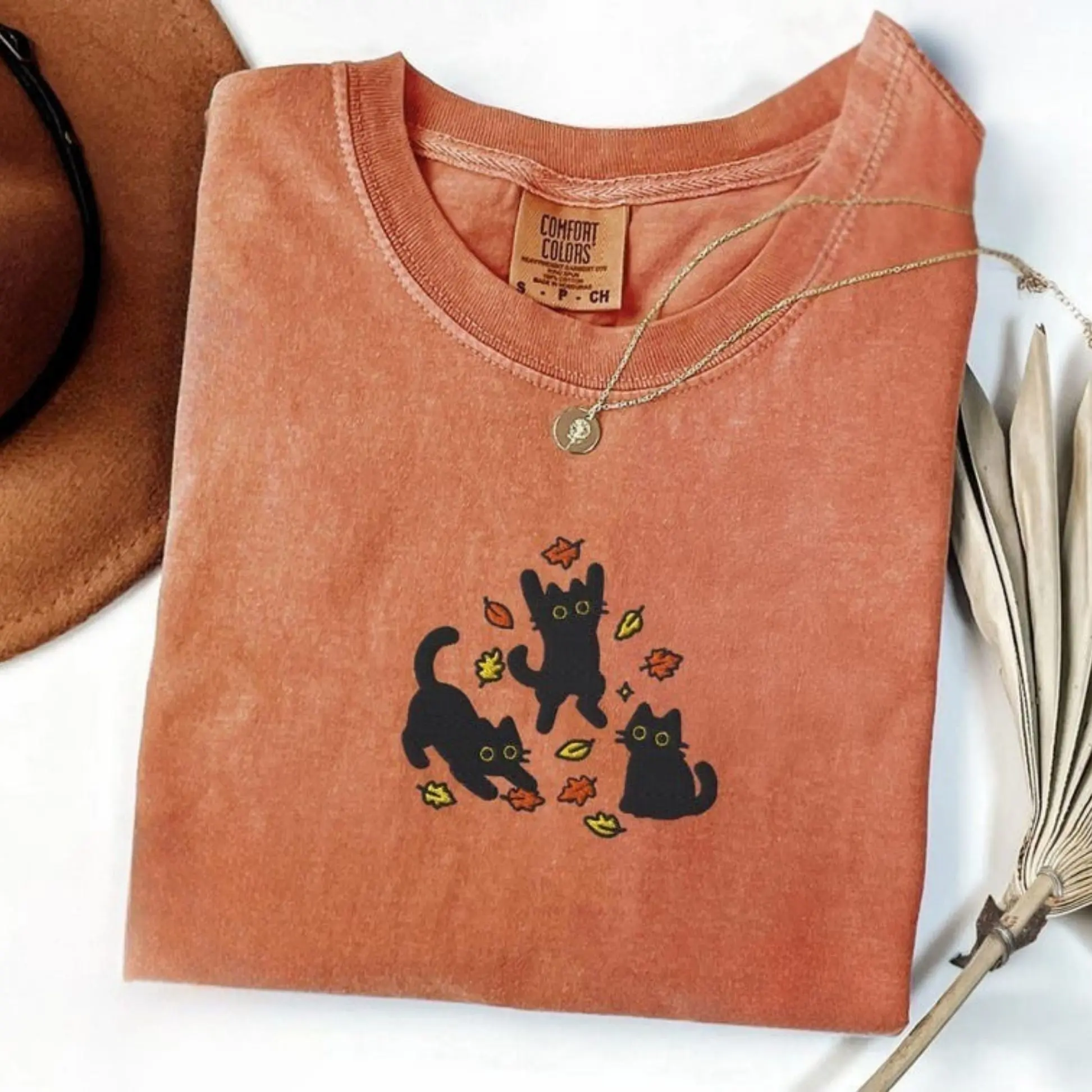 Black Cats and Fall Leaves Tee, Embroidered Autumn Cat Shirt, Comfort Colors 1717, Cute Fall T-Shirt, Cozy Cat Lover Gift, Autumn Aesthetic