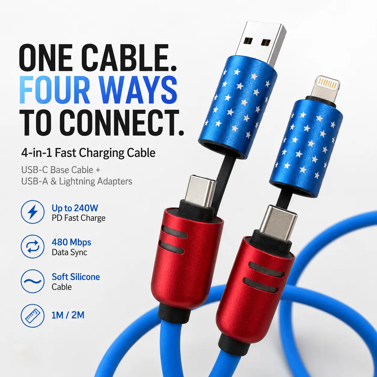 4-in-1 Durable Fast Charger, 240W Multi-Port Cable with USB-A, Type-C, Lightning Connectors for iPhone17, Samsung Mobile/Cellphone, Smartphone Devices & Laptops (Liquid Silicone)