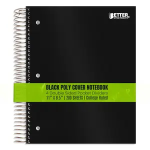 Office Products 5 Subject Spiral Notebook, Black Poly Cover, College Rule, 200 Sheet Notebook with 4 Double-Sided Pocket Dividers, 11 x 8.5 inches