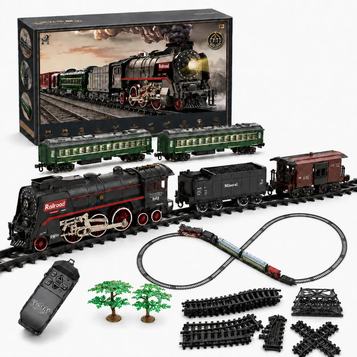Lighted Remote Control Steam Train Set - Electric Railway Toy with Mist, Sound, Whistle - Kids' Christmas Gift for Model Building & Railed Vehicle Hobbies
