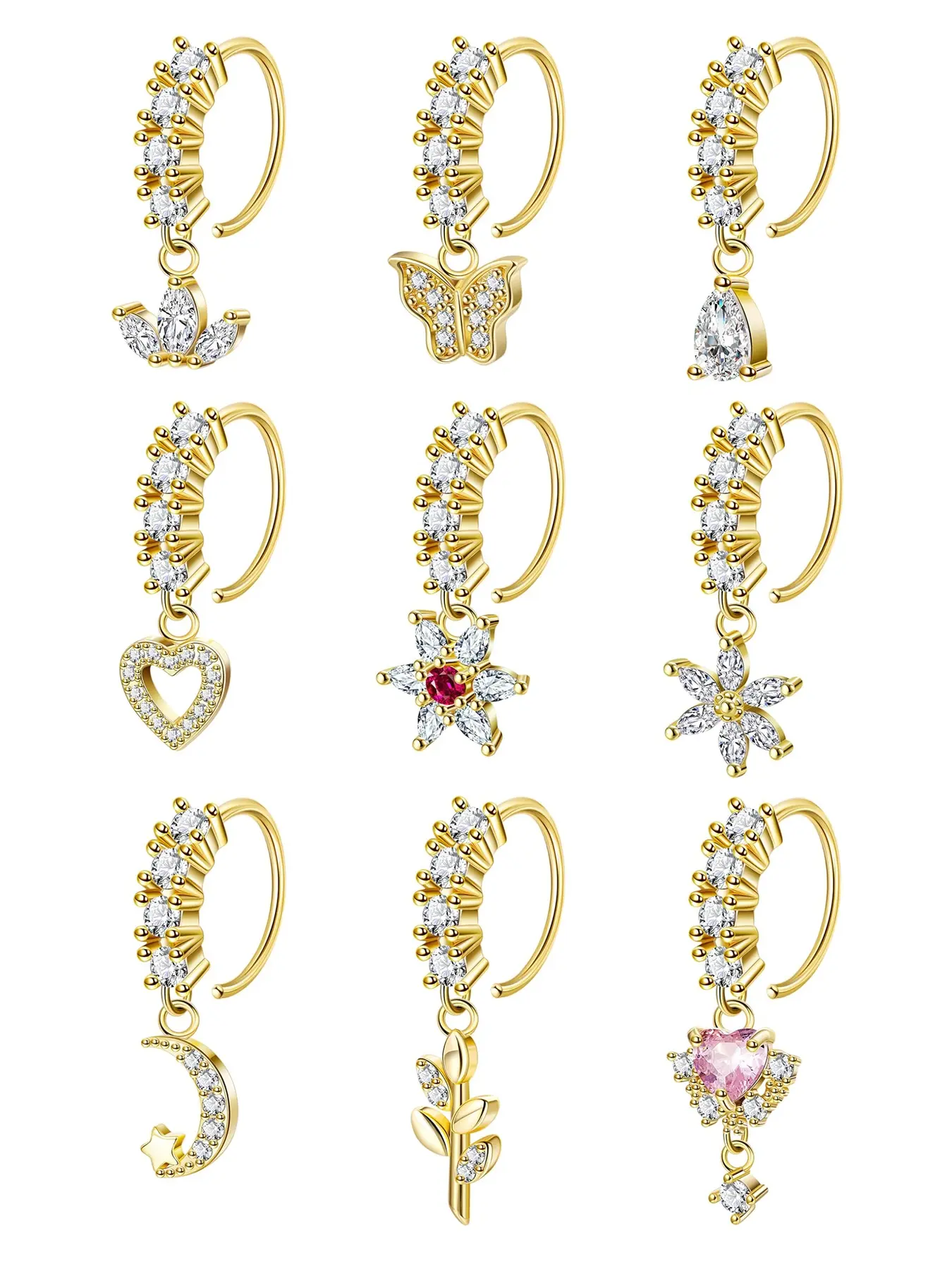 Women's Cz Heart Evil Eye Nose Ring Set, Star Flower Moon Leaf Design Jewelry, Elegant Rhinestone Accessories, Nose Piercing Jewelry for All Seasons, High Quality Jewelry, Nose Rings Set, Body Jewelry, Body Jewellery