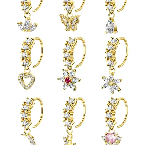 Women's CZ Heart Evil Eye Nose Ring Set, Star Flower Moon Leaf Design Jewelry, Elegant Rhinestone Accessories, Nose Piercing Jewelry, High Quality Jewelry, Body Jewelry Set for All Seasons, Rhinestone Nose Rings