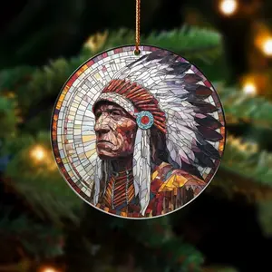 Native American Chief Ornament - Stained Glass Mosaic Style Feather Headdress Acrylic Christmas Decor