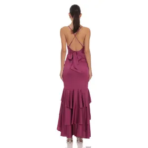 Satin Ruffle Fishtail Maxi Dress in Magenta