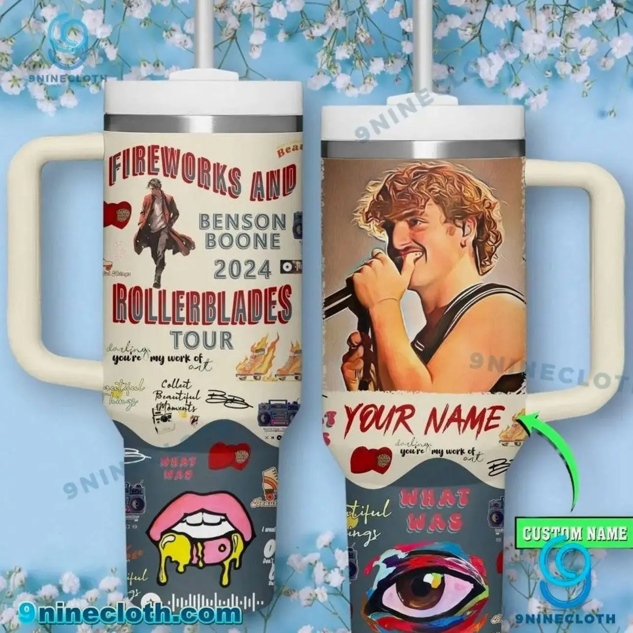 Benson Boone Fireworks & Rollerblades Tour 40oz Personalized Tumbler with Handle & Straw, Insulated Stainless Steel Travel Mug, Beautiful Things Fan Gift, Custom Name Coffee Cup, Pop Music Lover Drinkware