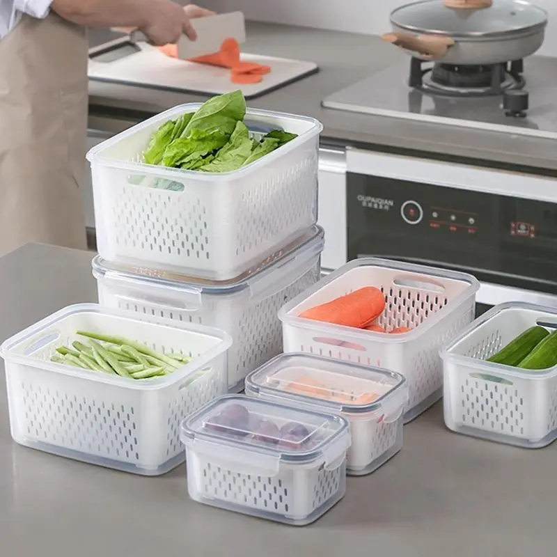 Food-Grade Airtight Refrigerator Storage Box With Lid & Handle, Rectangular Drain Basket Produce Organizer, Stackable Leakproof Fridge Container for Fruit Vegetable Meat Storage Kitchen Utensils