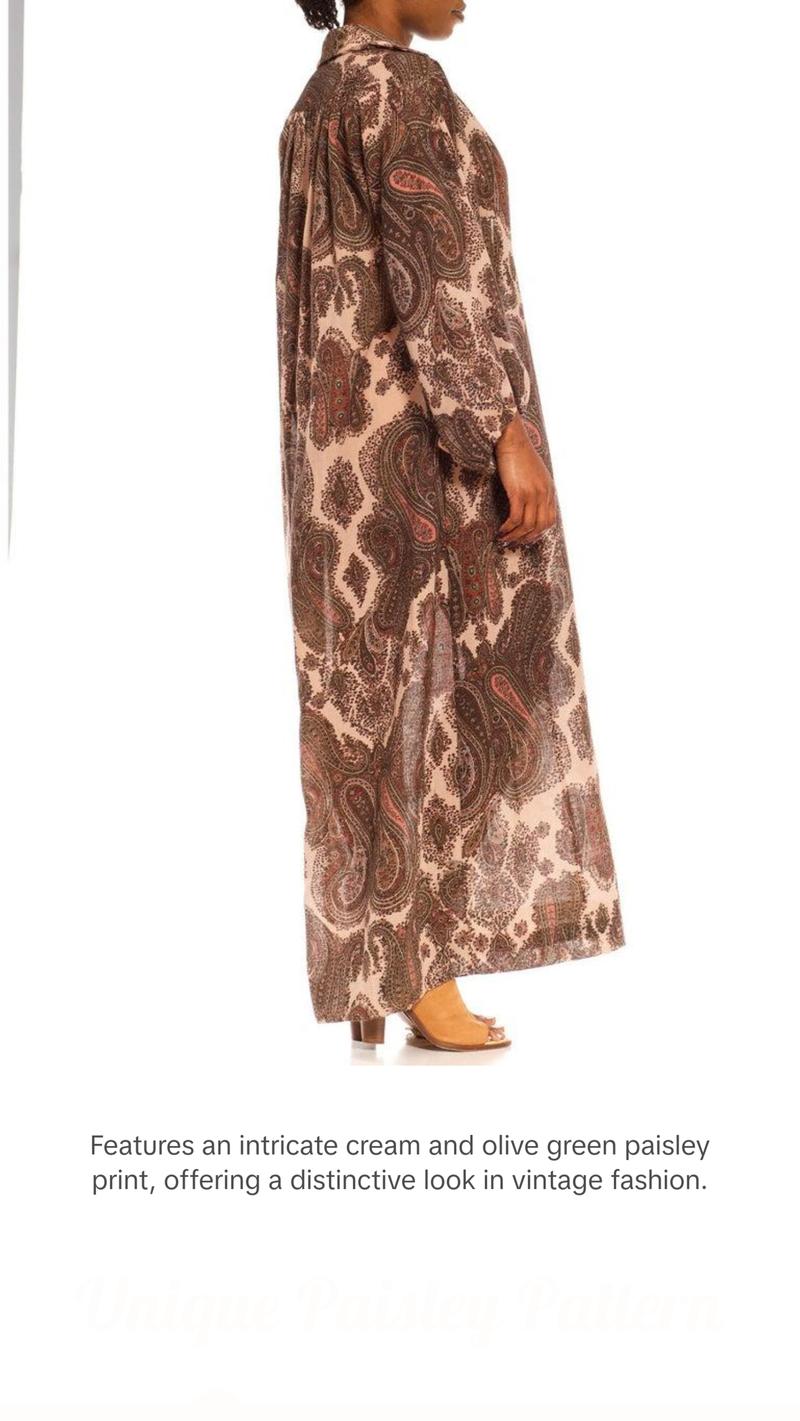 1970S GLORIA VANDERBIL Cream & Olive Green Paisley Poly Blend Boho Shirt Dress With Belt