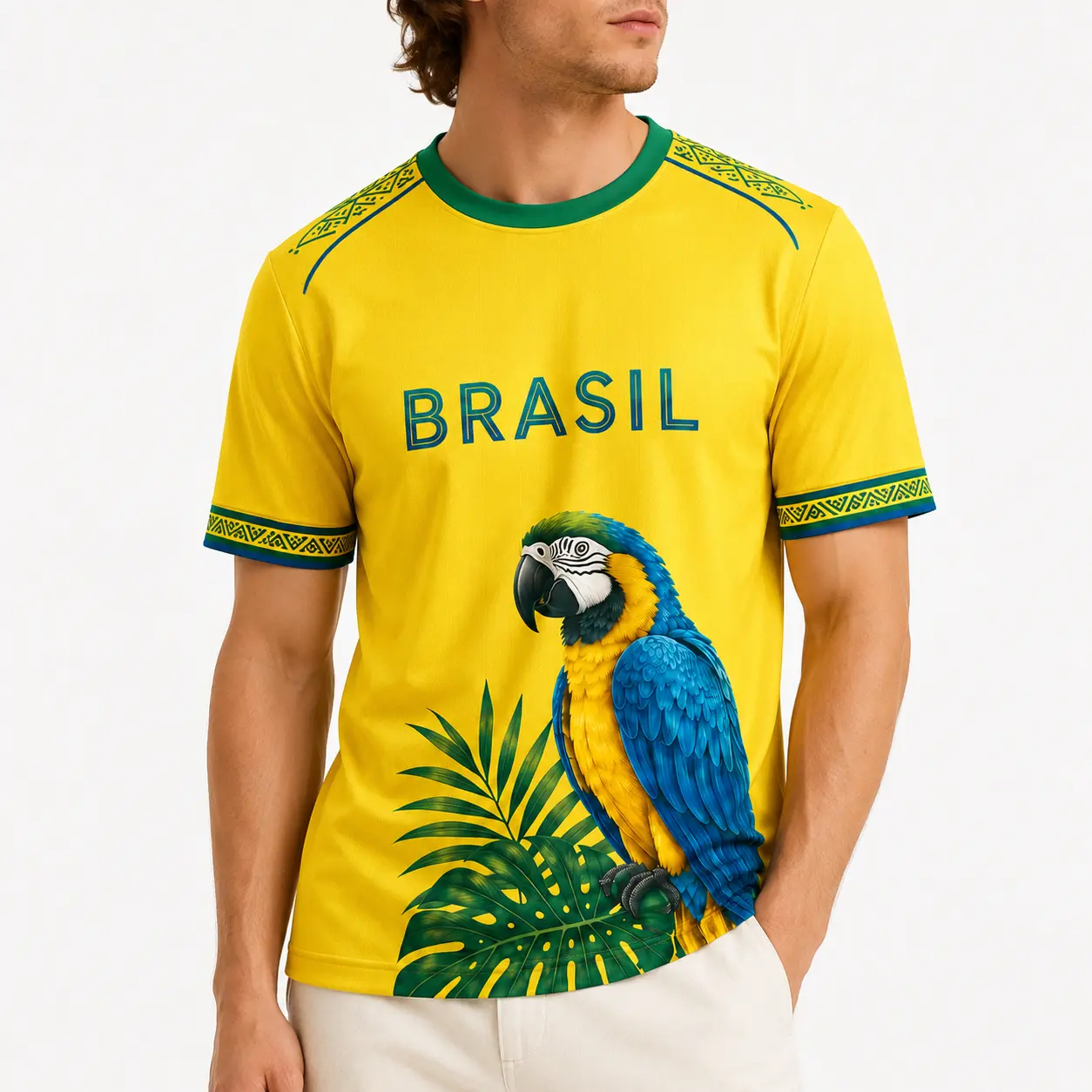 Brazil Soccer Jersey Men Yellow Shirt, Tropical Parrot Graphic Crew Neck Short Sleeve Breathable Football Fan Tee, Summer Game Day Outfit,Size S-5XL,clothes,outfits,men's wear,men fashion,summer men clothes,fashion men clothes