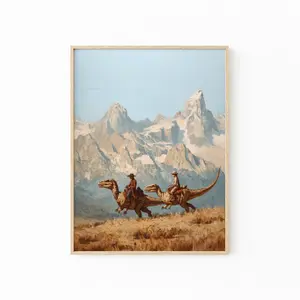 Vintage Cowboy Riding Dinosaur Together Painting Print  Western Jurassic Wall Art  Funny Gift for Him