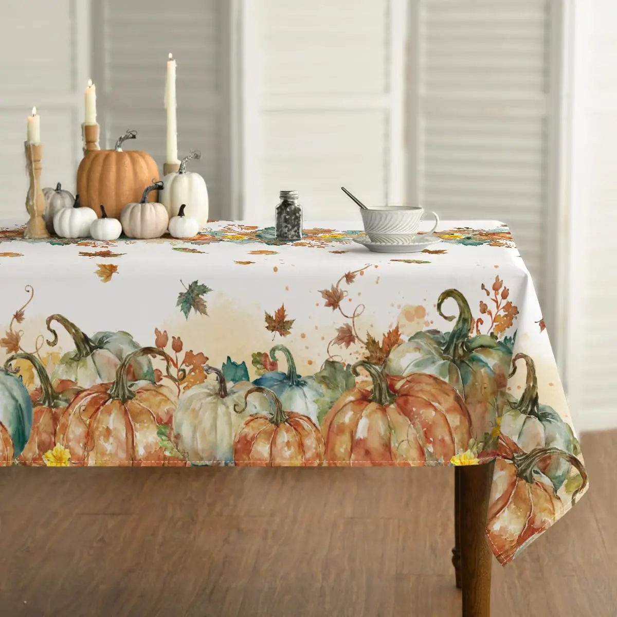 Fall Tablecloth 60x84 Inch Rectangular, Thanksgiving Autumn Harvest Orange Pumpkin Leaves Washable Table Cover for Party Picnic Dinner Decor