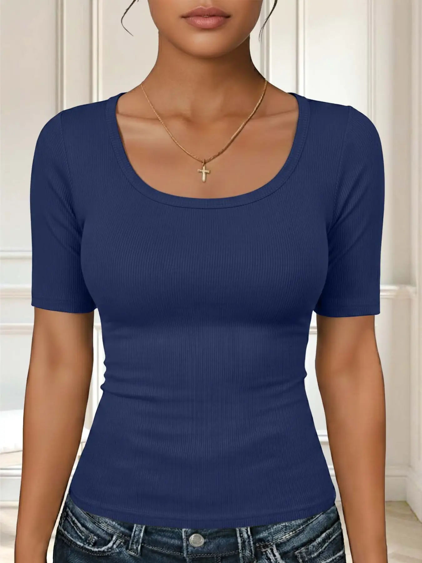 Ribbed U-Neck Short Sleeve Women's T-Shirt, Basic Casual Fitted Top, Solid Pattern, Comfortable Lightweight Breathable Daily Wear, Perfect for Summer Style