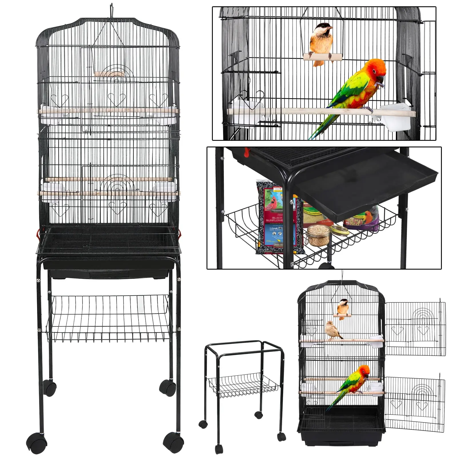 Segawe 59'' Durable Iron Parrot Cage, Wrought Iron Frame, Rolling Stand, Arched Door, Feeder Slots, Pet Enclosure for Cockatiel, Sun Conure, Durable Iron Cage,summerwins