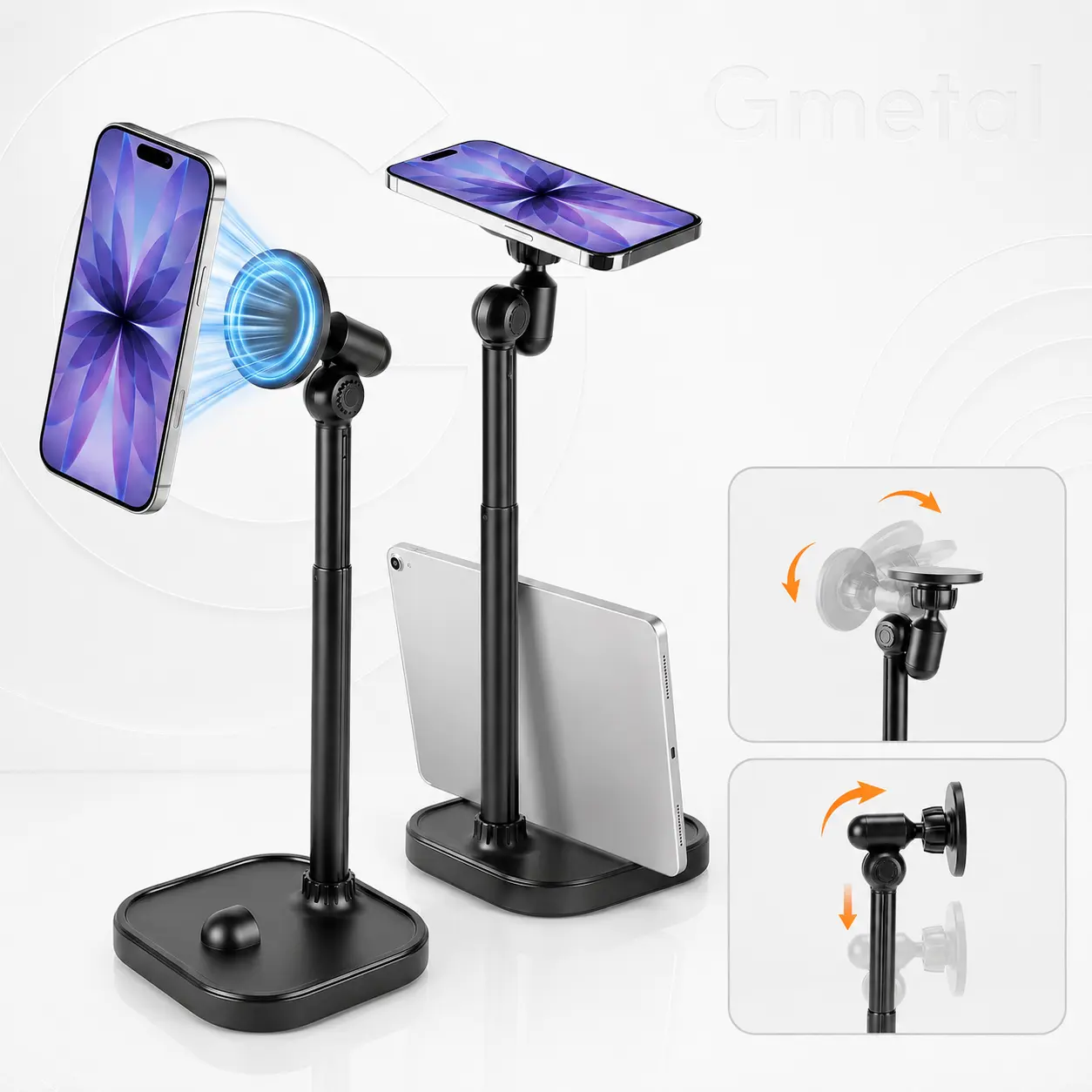 2-in-1 MagSafe Phone and Tablet Stand, Height Adjustable Cellphone Mount, Dual Holder Desk Stand with Space-Saving Stable Base