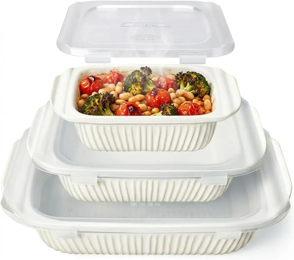 Artena 3-Piece White Ceramic Casserole Dish Set - Large Rectangular Deep, Oven-Safe Bakeware with Handles for Lasagna