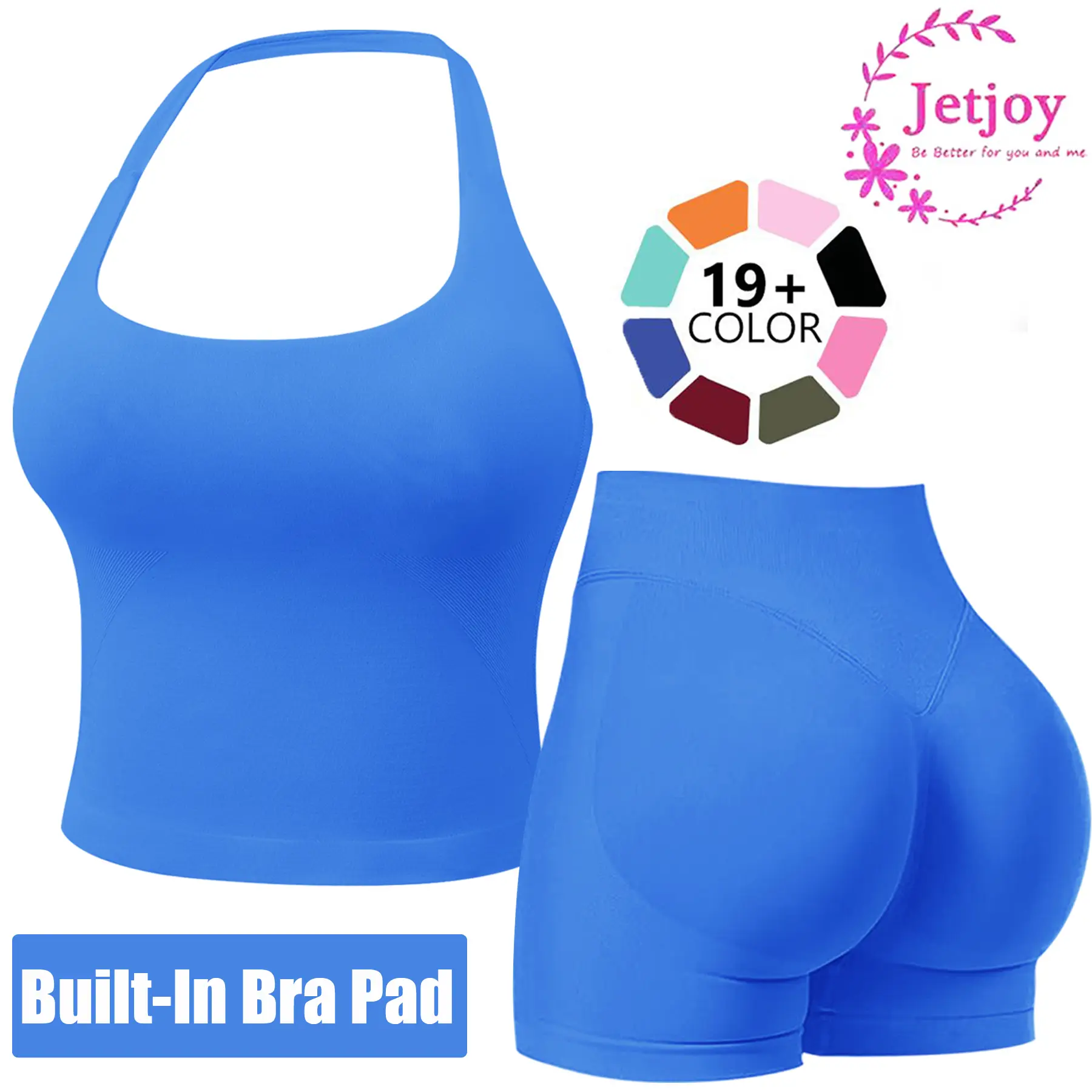 Jetjoy Workout Sets for Women 2 Piece, Workout Sets for Women 2 Piece Gym Outfits Seamless Longline Halter Backless Crop Top Scrunch Bum Shorts Tracks