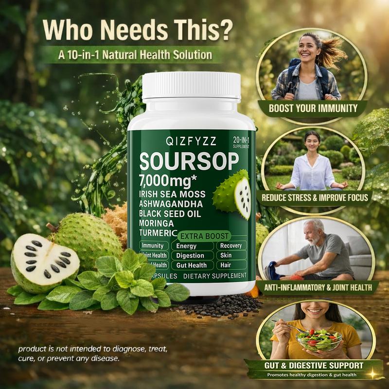 QIZFYZZ 10-in-1 Soursop Bitterness Drops & 20-in-1 Seaweed Capsules Moringa Turmeric Black Seed Ashwagandha Vegan Non-GMO Super Blend