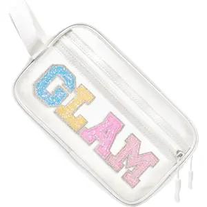 Clear Preppy Patch Makeup Bag  Pouch with Glitter Bling Letters for Women Teen Girls Sister, Make Up Travel Stuff Organizer Cute Stylish Trendy Gifts Sparkling Skincare Purse (GLAM)