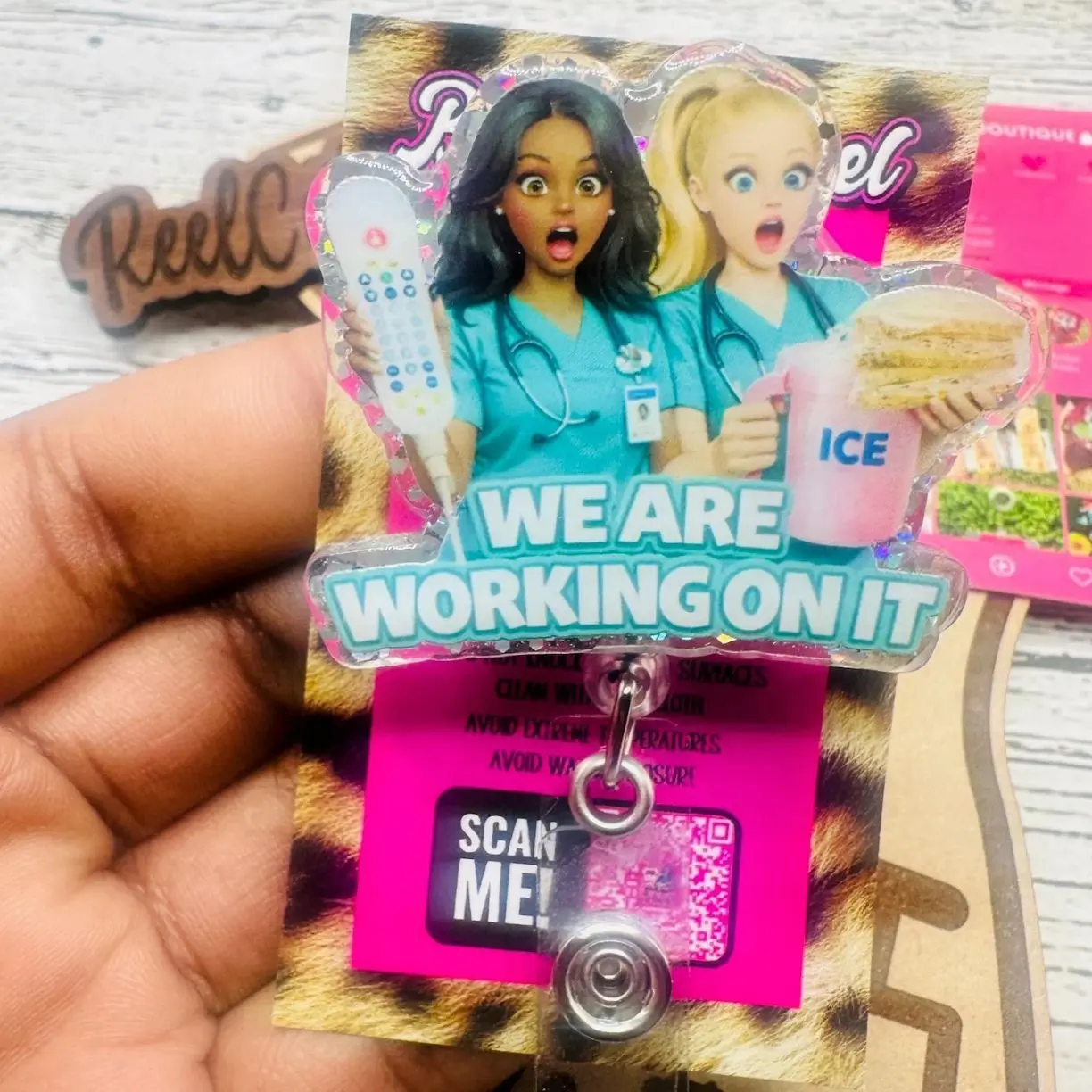 We are working on it Glitter Acrylic Badge Reel: Healthcare ID Clip