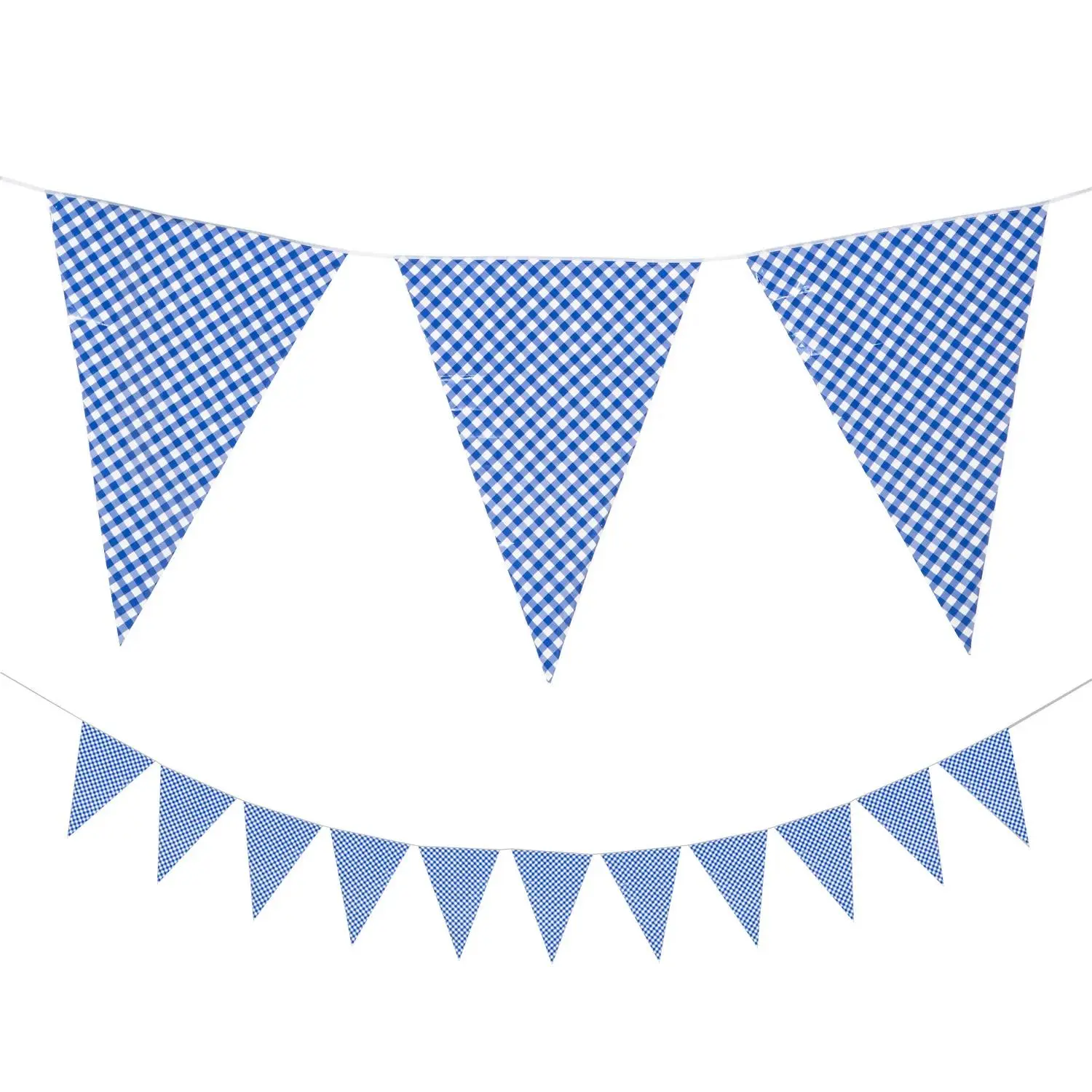 Large Blue Gingham Plastic Pennant Banner - Corded, Weatherproof Party Backdrop Decoration for Baby Shower, 24 Ft x 28 In, Suitable for Indoors