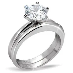 7mm Round Cut CZ Solitaire Stainless Steel Wedding Ring Set