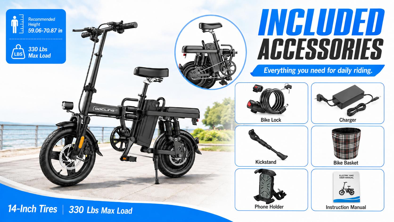 2026 Compact Foldable Electric Ebike for Adults - 14" Wheels, 20MPH Top Speed, 30+ Miles Range, 1000W Peak Motor, 48V Removable Battery, Multi-Shock Absorber, 330LBS Load, UL 2849 Certified, Full Accessories: Basket, Phone Mount, Lock, Rear Backrest, Comm