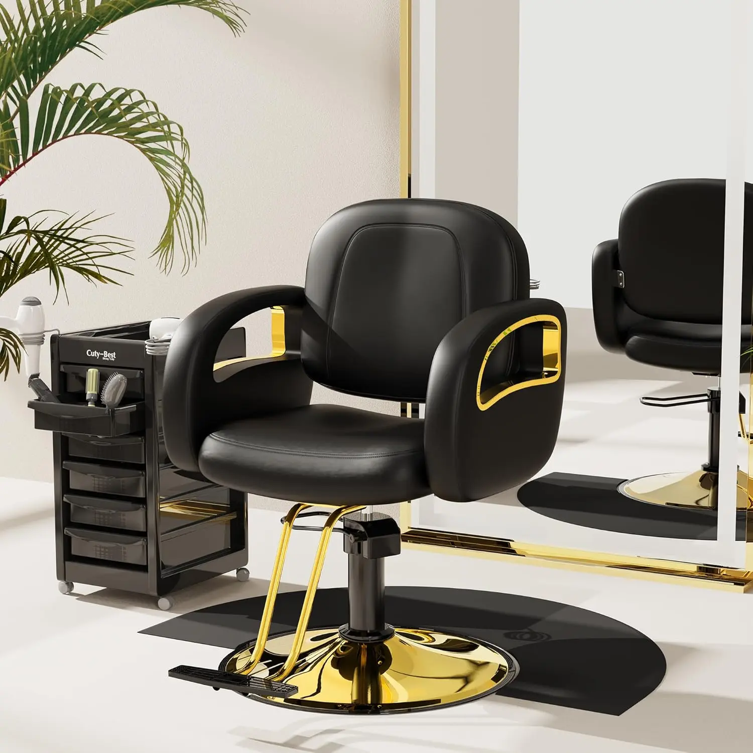 Baasha Professional Black and Gold Leather Barber Chair - Wood Frame, Memory Foam Cushion, Upgraded Arms, 360-Degree Swiveling, 330lb Weight Capacity, Waterproof, Wrinkle Resistant, 580mm Round Base, Stable