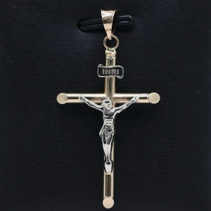 14KT Gold Crucifix 2 Tone Pendant - 41mm Semisolid