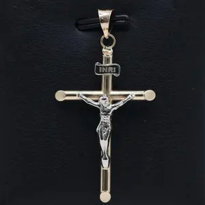 14KT Gold Crucifix 2 Tone Pendant - 41mm Semisolid