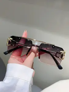 New Frameless Square Fashion Sunglasses, Rimless Sunglasses, Modern Sunglasses, Fashionable Sunglasses, Leopard Head Surround Lenses Design, High-End Style Eyewear, Trendy Glasses for Women