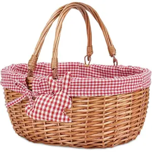 Wicker Picnic Basket with Double Folding Handles,Willow Picnic Hamper,Natural Hand Woven Easter Basket,Easter Eggs and Candy Basket,Bath Toy and Kids Toy Storage,Gift Packing Basket.Red