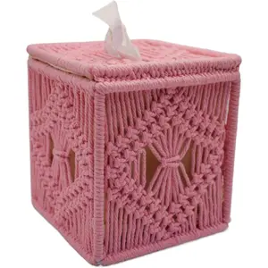 Handwoven Tissue Box Cover Boho Square Cute, Decorative Holder for, Bedroom, Office with Flip-Top Lid & Closed-Bottom, 5.5"x5.5"x6" (Pink)
