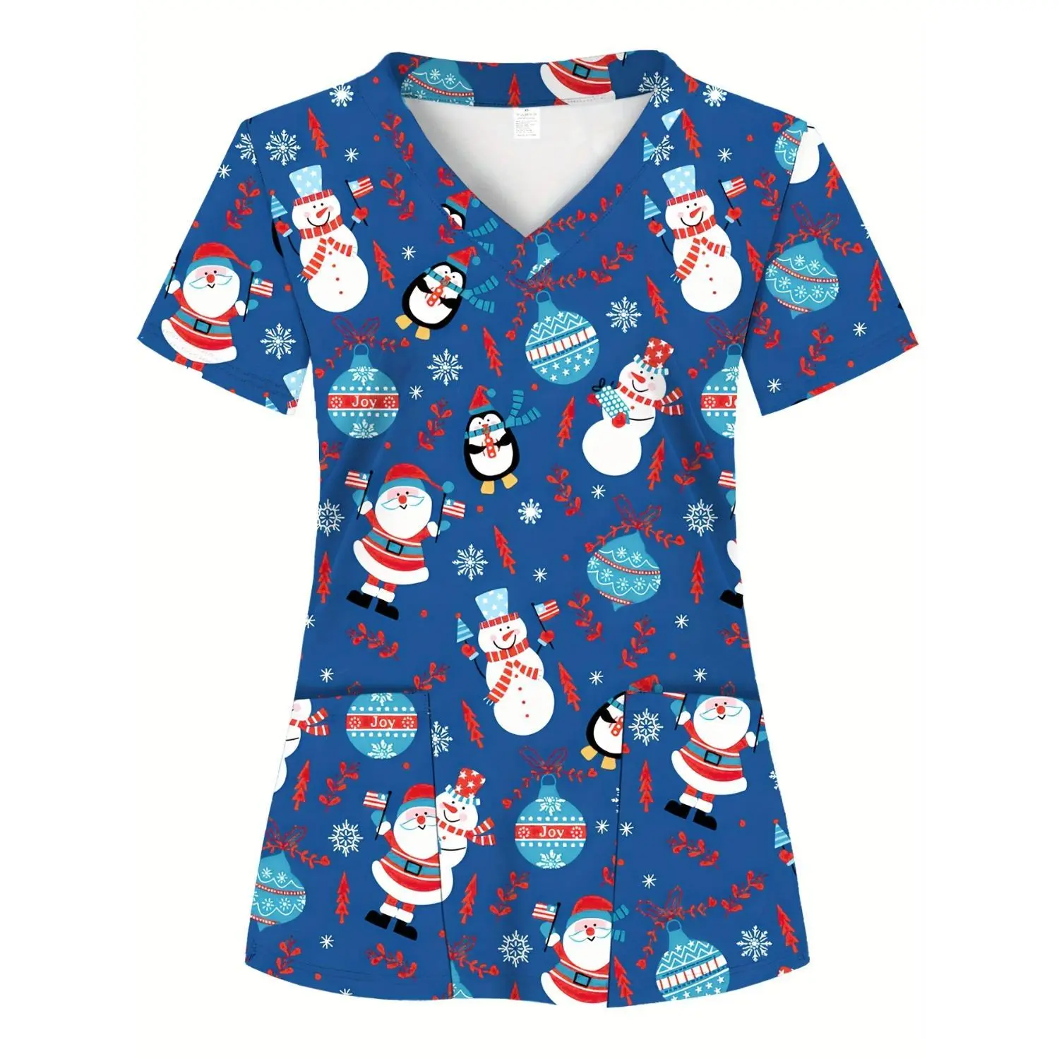Festive Christmas Penguin & Snowman Pattern Scrub Top - Dark Blue, Two Pockets, Soft & Breathable Women's Healthcare Uniform