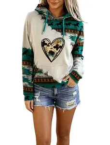 Women's Casual Long Sleeve Hooded Sweatshirt with Ethnic Aztec Geometric Print Patchwork Design, Drawstring Hood, Kangaroo Pocket, Soft Fabric Lined Pullover Top