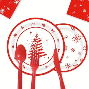 Festive Party Supplies Set for Christmas & New Year Celebrations, Includes Plates Cups Napkins Cutlery, Tree Snowflake Design