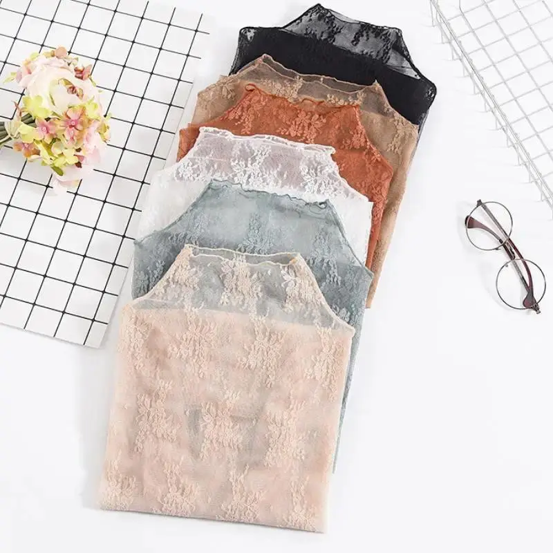 3PCS Sexy Lace Camisole Stretchy Lightweight Women's High Neck Camisole Top | Sheer Lace Ruffled Edges Layering Piece, All Season Machine Washable Innerwear, Highelastic Material