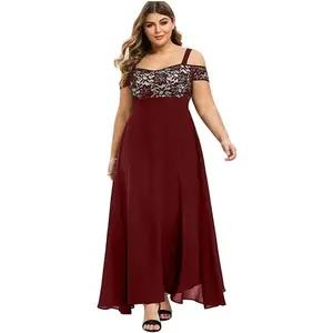 Women's Plus Size Off Shoulder Evening Dress Lace Bodice Flowy Chiffon Formal Wedding Party Maxi Dresses