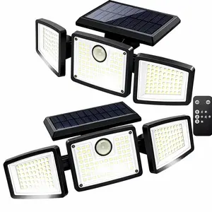 Solar Motion Sensor Lights 2-Set Triple-Head 74LED 8W 550lm IP65 Waterproof Remote Control Energy-Saving for Home Exteriors 1209
